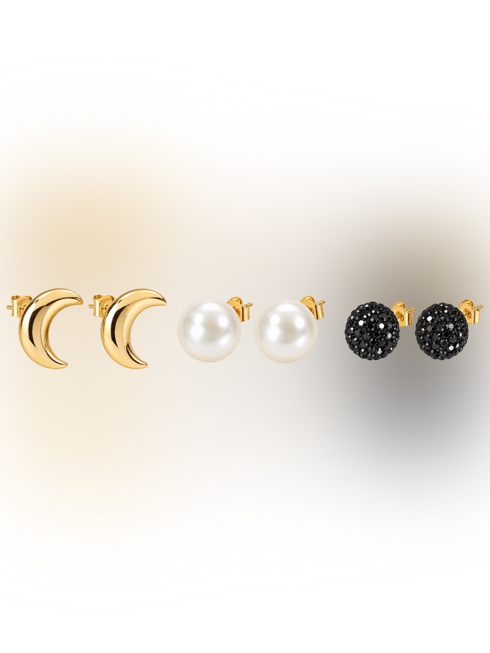 3 Pair Stud Earring Set Gold Crescent Moon Faux Pearl Black Rhinestone